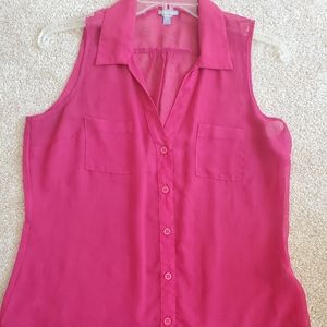 Sheer silk collar tank top pink blouse